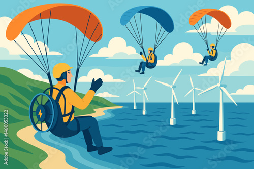 The sport-tech landscape is flat and features e-wings, spinning turbines, and a blue sea