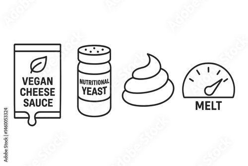 Icons representing sauce-plants are depicted as a packet, shaker, swirl, and gauge