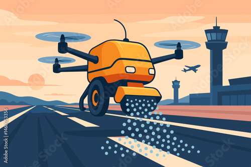 The scene of winter safety is flat, complete with a drone spreader, runway lights, and a pink-colored sky