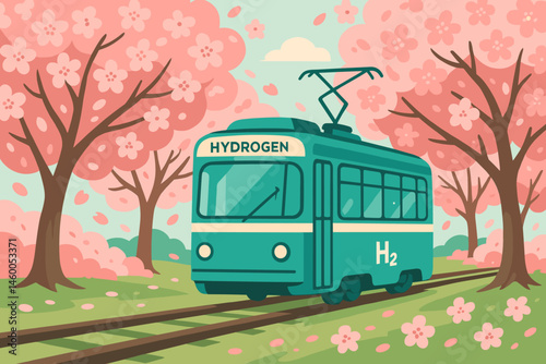 The scene features a hydrogen-powered tram, blooming pink flowers, and visiting tourists in a clean and flat urban environment