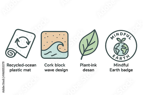 Icons representing yoga and ecology are combining a mat, block, leaf, and badge