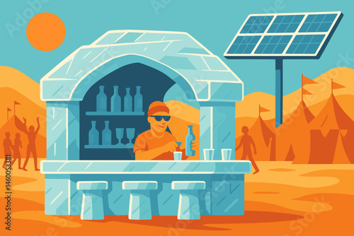 The image presents a flat cool-tech environment consisting of snow blocks, solar chillers, and desert tents