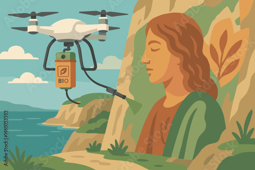 The scene is a flat representation of art-tech, with prominent features such as drone spray, a wall of cliffs, and misty sea air