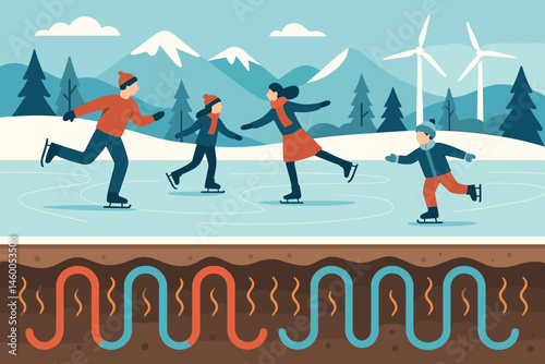 Skaters take to the flat sport-green terrain, which is overlaid with a pipe schematic and surrounded by trees with a frosty coating