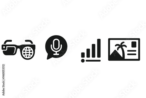 Icons representing travel through augmented reality connect the world, microphone, bar, and postcard