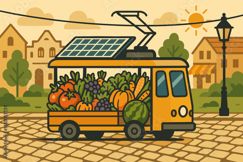 The scene features a flat and clean logistics area with a PV tram, crates, and historic façades