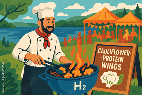 The scene features a flat plant-based BBQ setup with cauliflower wings, a hydrogen flame, and a lake in the background