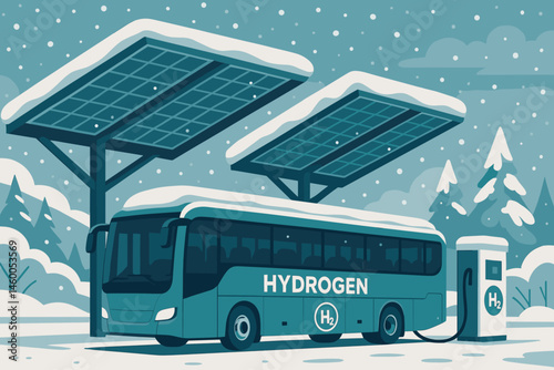 The scene depicts a flat area with clean public transportation, featuring buses powered by hydrogen, roofs covered in snow and photovoltaic panels, and people exhaling frosty breath