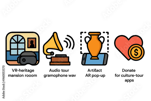 Merging room technology incorporates Heritage-VR icons, audio waves, AR pop, and a donate coin feature