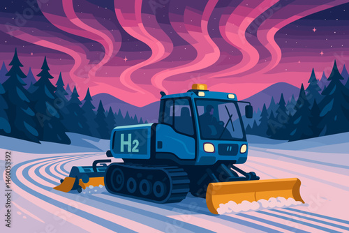 Winter landscape featuring a flat expanse of green, groomed by H₂ equipment, with visible ski tracks and a sky illuminated by the aurora