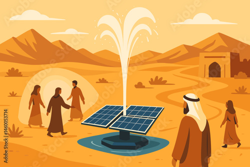 A flat landscape of oasis technology features photovoltaic shades, mist jets, and sand dunes