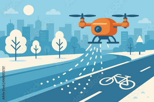 The scene of flat winter mobility contains a drone with spray, icons of bikes, and a glowing dawn