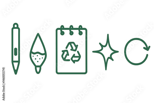 Icons for eco-stationery combine a stylus, tip, notepad, star, and arrow