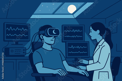 The scene is a flat representation of sleep-tech, complete with VR masks, graphs, and the glow of a window showing the moon