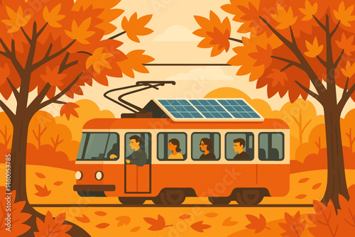 The scene is a flat and clean mobility setting that features a PV tram, falling leaves, and a calm avenue
