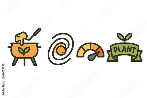 Icons representing fondue are depicted with various symbols including a pot, swirl, gauge, and ribbon