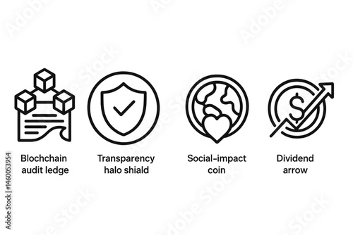 Icons of impact finance are represented by wave, shield, coin, and arrow symbols