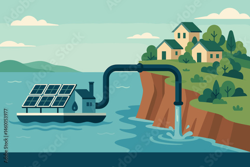 The scene features a flat landscape with hydro and solar elements, including PV rafts, a pipe climb, and wooden lodges