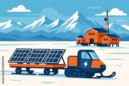The scene depicted is a flat polar logistics setting featuring an e-sled, PV crates, and a white horizon