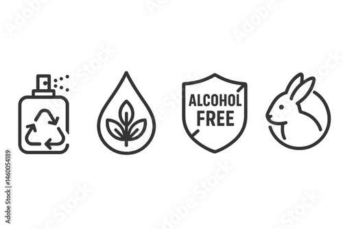 Icons for eco-friendly perfumes include images of sprayers, drops, crests, and seals