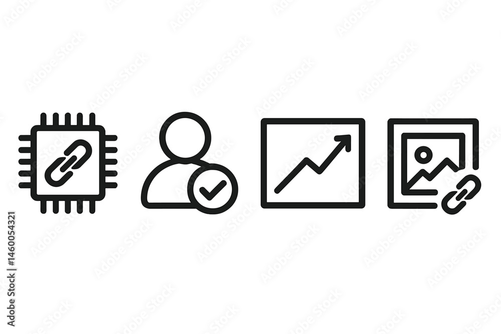 Icons that represent art and tracing are connected to chip, check, graph, and link Icons that represent art and tracing are connected to chip, check, graph, and link