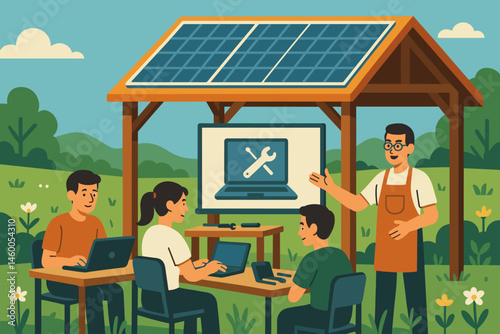 The scene features a flat circular area with technology integrated into it, a photovoltaic roof, tables for tools, and an assortment of wildflowers