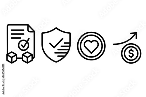 Icons of impact finance are combining wave, shield, coin, and arrow symbols