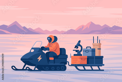 A flat polar scene with logistics equipment, e-sled tracks, and crates set against a pink sky
