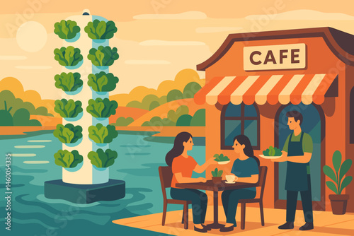 The ag-tech landscape is flat, featuring hydro towers, a glowing river, and a bustling breakfast crowd