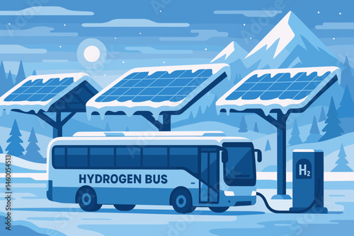 The scene depicts a flat area with a clean transit system featuring H₂ buses, roofs covered in frosted photovoltaic panels, and a blue dusk atmosphere