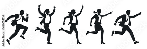 Silhouettes of Business People Running and Celebrating Success