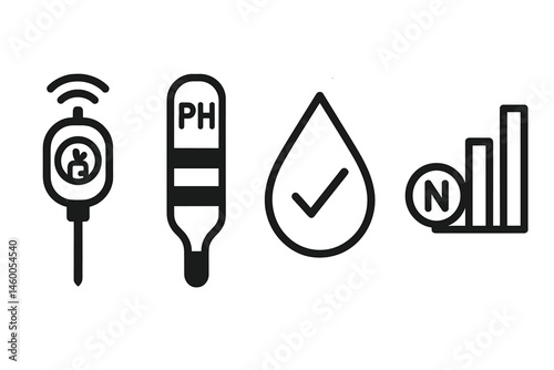 Icons representing compost sensors display a wand, stripe, droplet, and chart