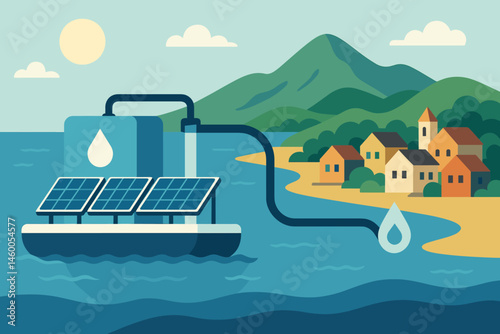 A flat landscape featuring hydro-solar elements, including PV rafts, desalination units, and palm huts
