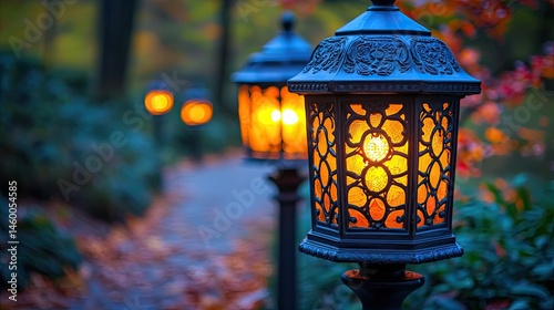Path illuminated by vintage-style lanterns in a park at dusk