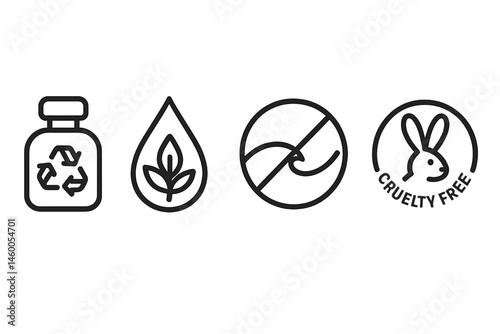 Icons of fragrance and ecology are combining the symbols of a vial, droplet, wave, and badge