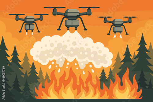 The scene depicted a flat area with fire technology, featuring a volley of drones, a cloud of foam, and a ridge engulfed in flames