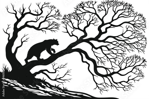63 Silhouette of bear climbing tree, intricate bare branches, twisted gnarled tree trunk, black and white illustration, high contrast, Gothic style, dramatic composition, nature art, wildlife silhouet