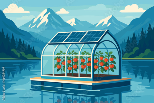 The ag-tech landscape is flat and features PV rafts, tomato vines, and snowy peaks
