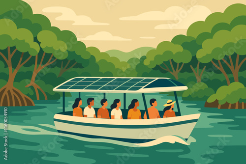 The scene depicts a flat area with clean mobility features, a photovoltaic canopy, commuters, and visible mangrove roots