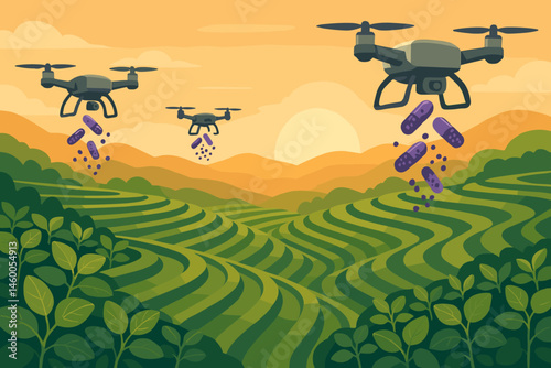 The scene depicts a flat agricultural setting that incorporates drones, bacteria capsules, and features a pink sky with green terraces