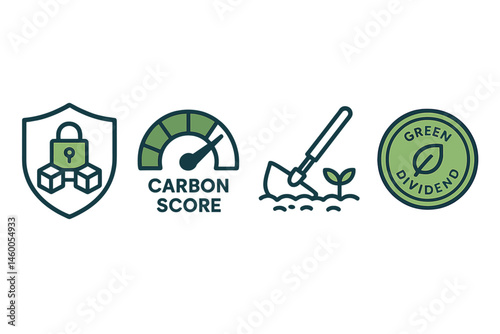 Icons representing ESG finance include a shield, dial, hoe, and coin