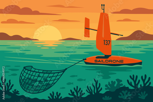 The scene features a flat cleanup-tech landscape with a sail drone, trash nets, and an orange glow over the lagoon
