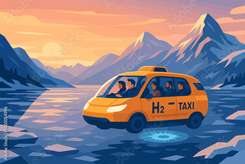 The scene is set with a flat landscape featuring clean mobility elements, including hovercraft shrouded in mist, hydrogen tanks, and cliffs at sunrise