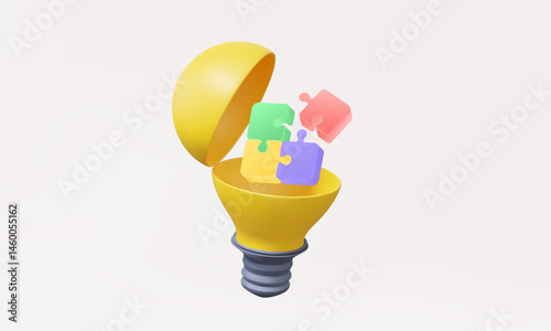 3D vector Open yellow light bulb group jigsaw teamwork think challenge new idea vision invention technology innovation and creative development solution business education concept. illustration banner