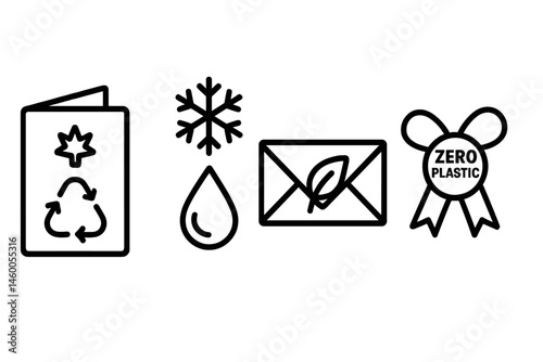 Icons for the holiday season are depicted as a card, snowflake, flap, and ribbon with an eco-friendly theme