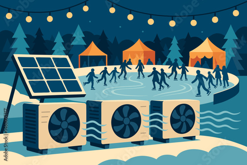 The scene is a flat sporty green area with a photovoltaic roof, ice fans, skaters, and lanterns