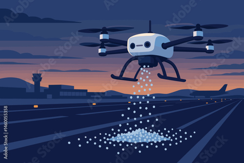 The winter-safety scene is flat and features a drone spreader, runway lights, and a blue twilight