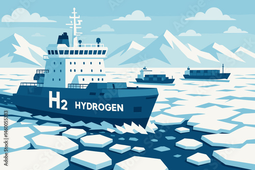 The scene depicts a flat, clean-shipping area with an H₂ icebreaker, cargo vessels, and ice floes