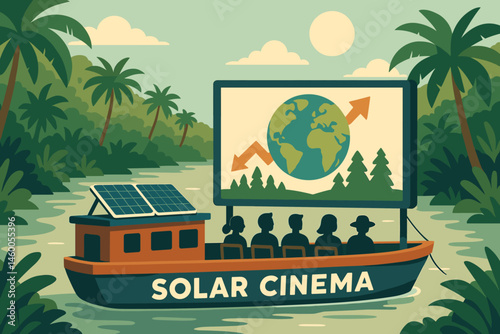 The scene is a flat cultural landscape with a green backdrop, featuring a PV barge, a projector screen, and jungle banks
