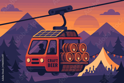 The event-logistics scene appears flat, featuring a PV tram, stacks of kegs, and peaks that are purple
